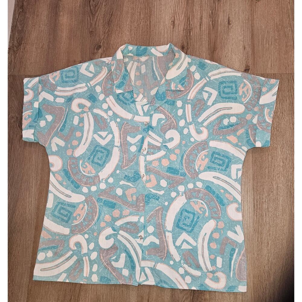 Vintage 80s 90s teal white geometric totally rad button down up short sleeve